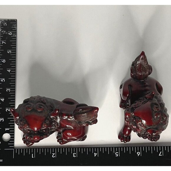 Vintage Foo Dog Pair Red Resin Asian Guardian Lion Figurines 4 in long each - Picture 14 of 16